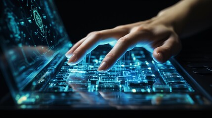 Hands typing on a keyboard with data protection overlay