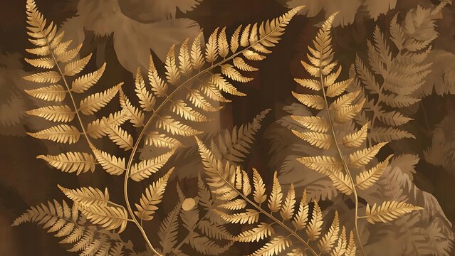 Background, wallpaper with golden fern leaves on a brown background. Graphics with a delicate plant motif