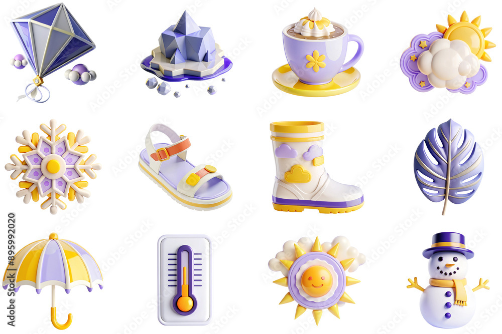 Poster seasons and weather concept of 3d icons set in modern web design. pack isolated objects of kite, ice