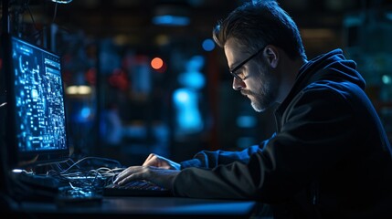 Security engineer checking firewall settings on a laptop