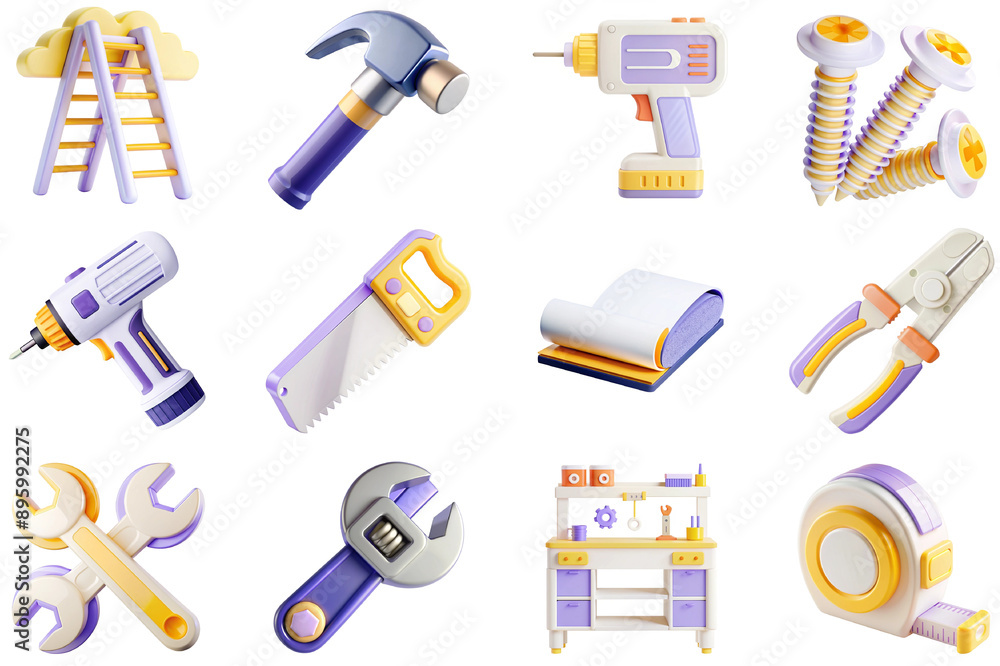 Aufkleber tools and equipment concept of 3d icons set in modern web design. pack isolated objects of ladder, h