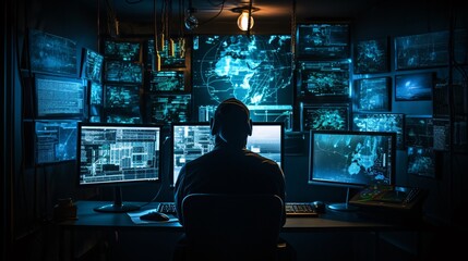 Hacker in a dark room with multiple screens displaying code