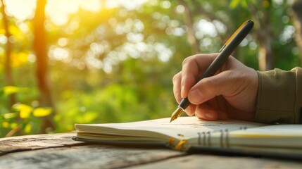 Man is writing in a notebook with a fountain pen while sitting at a wooden table outdoors in the bright sunshine.