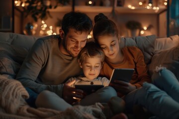 A loving father and his kids use tablets together in a serene, cozy setting with a beautifully calm evening vibe, portraying modern-day family interactions and closeness.