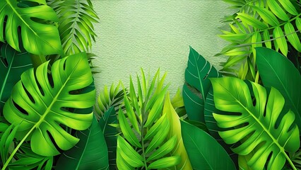 Obraz premium Bright tropical leaves on a textured background, pattern in green tones