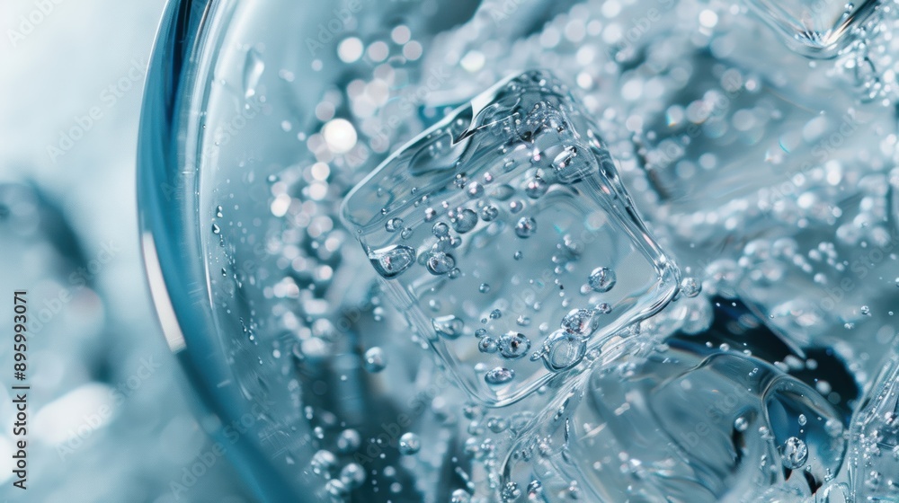 Poster ice cubes floating in a glass of sparkling water, creating refreshing bubbles on a hot summer day