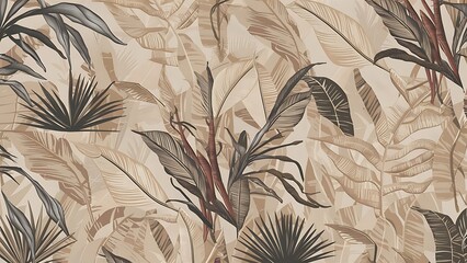 Abstract foliage botanical background. beige wallpaper of tropical plants, leaf branches, palm leaves, line art. Foliage design for banner, prints, decor, wall art, decoration