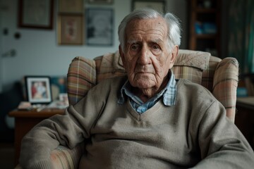An elderly man sits in a cozy home setting, calmly looking ahead with a mix of wisdom and quiet determination. The room's vintage charm adds depth to his composed demeanor.
