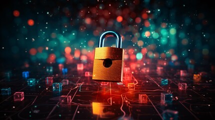 Abstract visualization of encrypted data with padlock and network lines