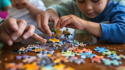 A man and a child are playing with a jigsaw puzzle