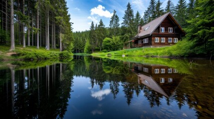 Scenic view of a cabin by the lake surrounded by a lush green forest under a bright blue sky. Perfect nature retreat or vacation destination.