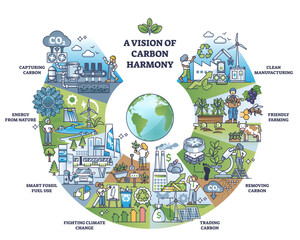 Vision of carbon harmony or CO2 pollution balance outline collection diagram, transparent background. Labeled educational scheme with nature friendly dioxide capture, removing or recycle.