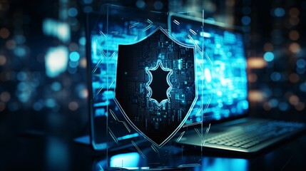 Digital shield icon on a computer screen with data streams