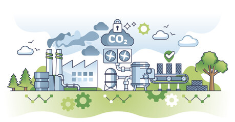 Carbon capture and CO2 storage as CCS dioxide revolution outline concept, transparent background.Exhaust pollution decrease with gas absorption and catching illustration.