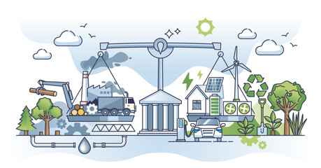 Naklejka premium Carbon neutrality and climate change pollution mitigation outline concept, transparent background. CO2 dioxide reducing with sustainable and environmental power production illustration.