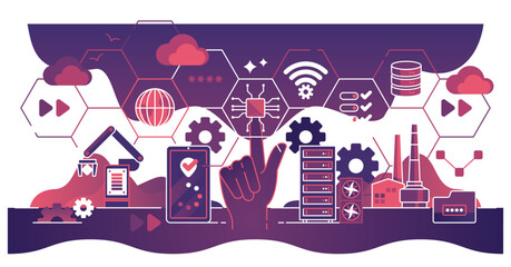 Fototapeta premium Digital transformation and technological integration dark outline concept, transparent background. Implementation of innovative tech and change to electronic development illustration.