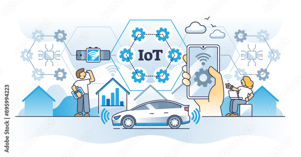 Poster internet of things or iot as smart gadgets wifi connectivity outline concept, transparent background