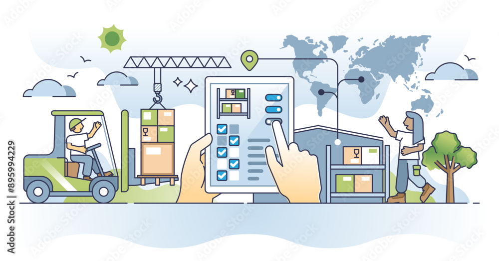 Poster inventory management and digital warehouse control work outline concept, transparent background. log