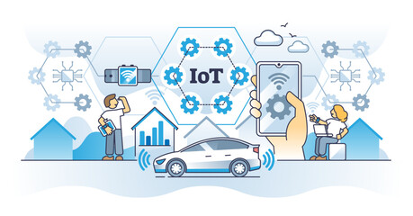 Internet of things or IOT as smart gadgets wifi connectivity outline concept, transparent background. Everyday appliances, car and home connection to network and data exchange illustration.