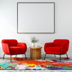 Modern living room with bright red armchairs and abstract art rug. Minimalist style with a large blank frame on the wall. Perfect for home decor inspiration or interior design ideas. AI