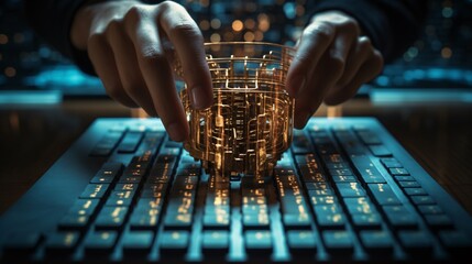 Close-up of a hand typing on a keyboard with a digital padlock overlay