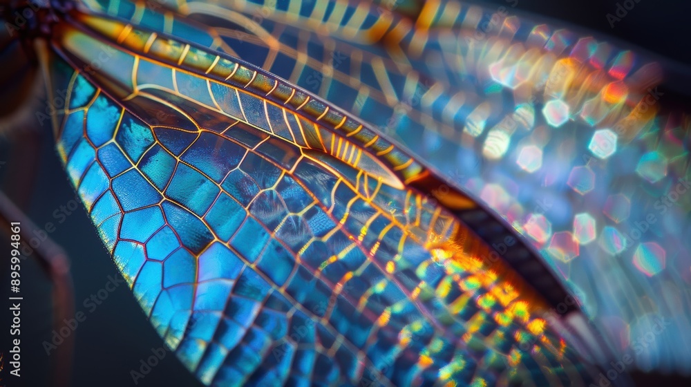 Poster macro photography of a dragonfly wing showing iridescent cells forming an abstract pattern with blue