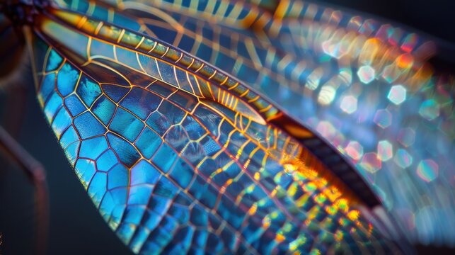 Macro photography of a dragonfly wing showing iridescent cells forming an abstract pattern with blue and orange colors