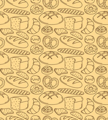 Seamless pattern with different bread types. Vector contour background with bakery rye products, sliced bread, french baguette, croissants and bagels