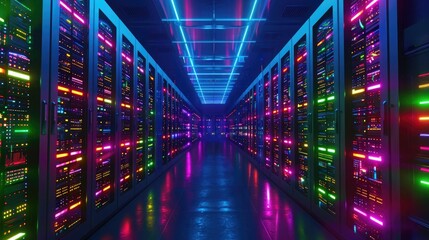 Fototapeta premium A futuristic data center filled with rows of server racks, illuminated by colorful LED lights, managing vast amounts of digital information.