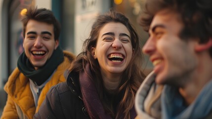 Obraz premium Cheerful Friends Laughing in Candid Urban Moment with Natural Lighting
