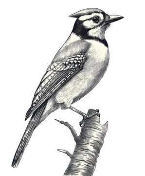 recommend clip art: Black and white Vintage engraved art of a blue jay isolated on white background, ink sketch illustration, simple vector art design, highly detailed line art, high contrasty