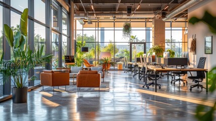 Futuristic Workplace Design with Collaborative Workstations and Digital Tech Integration