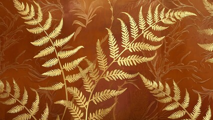 Background, wallpaper with golden fern leaves on a brown background. Graphics with a delicate plant motif
