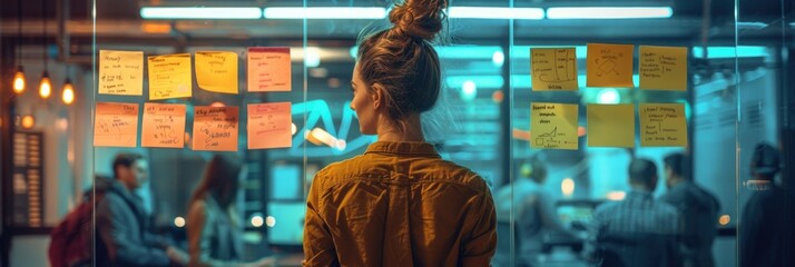 Innovative Startup Team Using Traditional and Digital Tools for Creative Brainstorming Session with Colorful Sticky Notes on Glass Wall