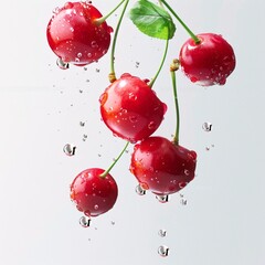 Bright red acerola cherries with water droplets mid-air, showcasing the detailed interior against a pure white background, high-resolution detail