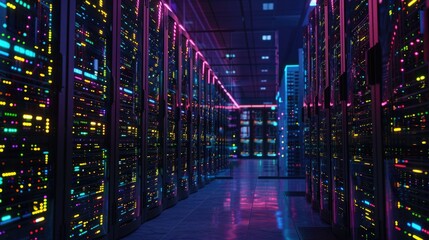 A futuristic data center filled with rows of server racks, illuminated by colorful LED lights, managing vast amounts of digital information.