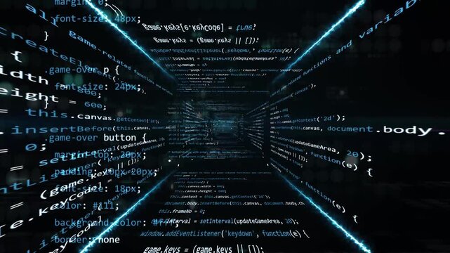 abstract digital programming tunnel with camera zoom across coding language with electric lines. High technology animation