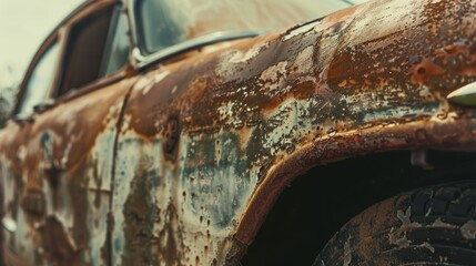 Close-up of a rusty old car decaying in a field, showing the effects of time and nature