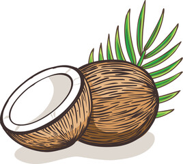Vector illustration of  Coconut being peeled and cut in half with green leaf isolated on transparent background. Good for label, logo, mascot, icon, poster, print packaging