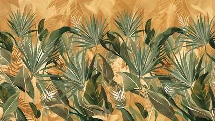 Fotobehang Abstract foliage botanical background. beige wallpaper of tropical plants, leaf branches, palm leaves, line art. Foliage design for banner, prints, decor, wall art, decoration © Kartik