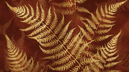 Background, wallpaper with golden fern leaves on a brown background. Graphics with a delicate plant motif