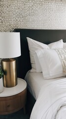A modern hotel room with a plush green headboard, white bedding, a large window with a city view, and a brown wooden bedside table with a gold lamp