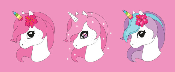 Cute cartoon character magic unicorn with rainbow horn, pink hair, flower. Vector illustration isolated on a pink background. For prints, design, posters, stickers, cards, decoration, kids clothes