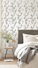 A modern hotel room with a plush green headboard, white bedding, a large window with a city view, and a brown wooden bedside table with a gold lamp