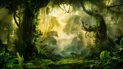 Obraz premium Lush green rain forest filled with an abundance of trees nature wallpaper 8K high resolution background