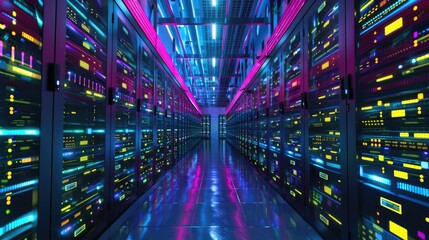 Fototapeta premium A futuristic data center filled with rows of server racks, illuminated by colorful LED lights, managing vast amounts of digital information.