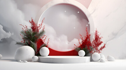 3D scene white podium and white ball with red background.