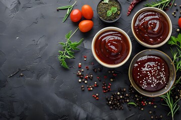 A Flavorful Display of Sauces and Fresh Ingredients on a Dark Background