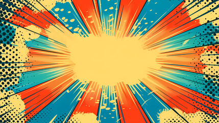 Dynamic comic book explosion with vibrant colors and radial burst pattern.
