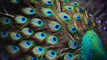 Obraz premium Colorful peacock feathers texture background, closeup, wallpaper
